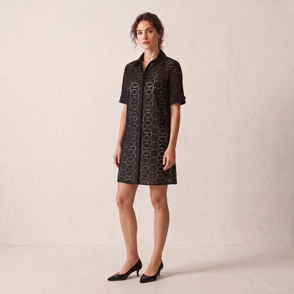 Anne Fontaine Black Eyelet Embroidered lace Shirt Dress short sleeve sz 44